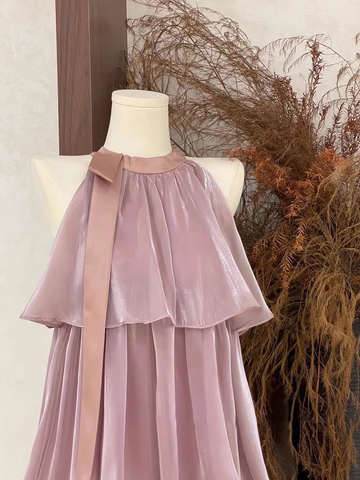 A line Scoop Ruffled Rose Pink Long Women's Vacation Holiday Dresses SD184
